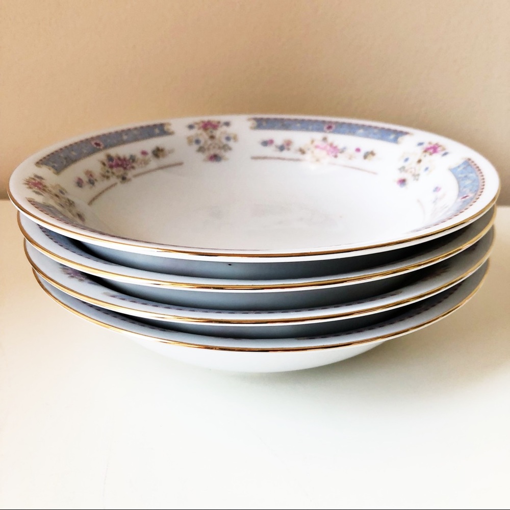Crescent Jie Pai 4 Soup Bowls Made Japan 1960s Floral & Blue Border Gold Edge